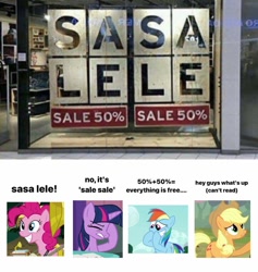 Size: 1125x1186 | Tagged: safe, edit, edited screencap, screencap, applejack, pinkie pie, rainbow dash, twilight sparkle, alicorn, earth pony, pegasus, pony, a trivial pursuit, g4, yakity-sax, 50, applejack can't read, applejack's hat, cowboy hat, don't dead open inside, facehoof, hat, illiterate, meme, sale, sasa lele, twilight sparkle (alicorn), you had one job