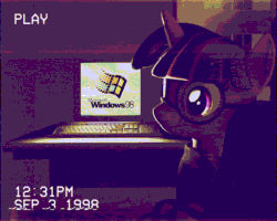 Size: 720x576 | Tagged: safe, artist:charismatic pony, twilight sparkle, pony, unicorn, g4, '90s, 3d, animated, chair, computer, desk, female, filter, gif, glasses, glitch, keyboard, mare, microsoft windows, monitor, retrowave, sitting, solo, source filmmaker, table, timestamp, vhs, webcore, window, windows 98
