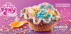 Size: 1278x612 | Tagged: safe, g5, my little pony: a new generation, official, food, ice cream, marble slab creamery, my little pony: a new generation logo, no pony, rainbow magic ice cream, spoon, sprinkles, text, waffle cone
