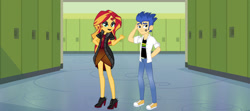 Size: 1280x569 | Tagged: safe, artist:liplover6930, flash sentry, sunset shimmer, equestria girls, g4, clothes swap, converse, female, male, ship:flashimmer, shipping, shoes, straight