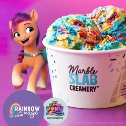 Size: 1080x1080 | Tagged: safe, sunny starscout, earth pony, pony, g5, my little pony: a new generation, official, fake, faker than a three dollar bill, female, food, ice cream, marble slab creamery, my little pony: a new generation logo, rainbow, rainbow magic ice cream, sprinkles, text