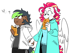 Size: 806x600 | Tagged: safe, artist:redxbacon, oc, oc only, oc:light shooter, oc:pixel bite, earth pony, pegasus, anthro, holding hands, implied lesbian, implied shipping, parka, street food, taiyaki