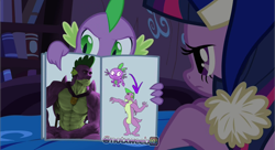 Size: 2896x1570 | Tagged: safe, anonymous artist, artist:rsa.fim, edit, edited screencap, editor:notxweeb, screencap, spike, twilight sparkle, alicorn, dragon, pony, g4, power ponies (episode), the last problem, angry, book, clothes, gigachad, gigachad spike, hat, meme, nightcap, older, older spike, photo, pointing, sleepy, twilight sparkle (alicorn), watermark