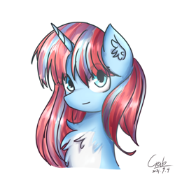 Size: 1080x1080 | Tagged: safe, artist:starflashing twinkle, oc, oc only, pony, unicorn, blue eyes, chest fluff, cute, ear fluff, eye clipping through hair, horn, looking at you, simple background, solo, unicorn oc, white background