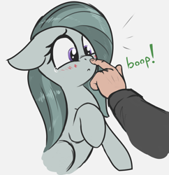 Size: 2270x2345 | Tagged: safe, artist:t72b, marble pie, earth pony, human, pony, :c, adorable distress, blushing, boop, bust, cross-eyed, cute, disembodied hand, female, floppy ears, frown, gray background, hand, high res, looking at something, marblebetes, mare, nose wrinkle, raised hoof, rearing, simple background, solo focus, teary eyes, three quarter view, white background
