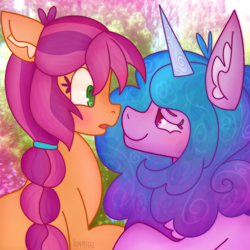 Size: 1000x1000 | Tagged: safe, artist:php163, izzy moonbow, sunny starscout, earth pony, pony, unicorn, g5, blushing, chest fluff, duo, ear fluff, eyelashes, female, implied lesbian, implied shipping, lesbian, lidded eyes, mare, ship:moonscout, shipping, signature, surprised, wide eyes