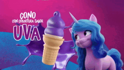 Size: 1280x720 | Tagged: safe, izzy moonbow, pipp petals, sunny starscout, earth pony, pegasus, pony, unicorn, g5, my little pony: a new generation, official, abstract background, advertisement, animated, cloud, dairy queen, female, flying, food, ice cream, mare, merchandise, my little pony: a new generation logo, spanish, text, video, webm