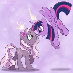 Size: 2048x2048 | Tagged: safe, artist:pfeffaroo, twilight sparkle, wysteria, alicorn, earth pony, pony, g3, g4, abstract background, duo, female, flower, flower in hair, flying, g3 to g4, generation leap, high res, looking at each other, mare, princess, princess wysteria, signature, twilight sparkle (alicorn), wysteriadorable