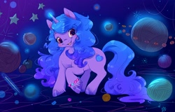 Size: 2697x1721 | Tagged: safe, artist:little_polka, izzy moonbow, pony, unicorn, g5, abstract background, bracelet, cute, female, friendship bracelet, glowing, glowing horn, horn, izzybetes, jewelry, magic, mare, open mouth, open smile, sewing needle, smiling, solo, unshorn fetlocks, yarn, yarn ball
