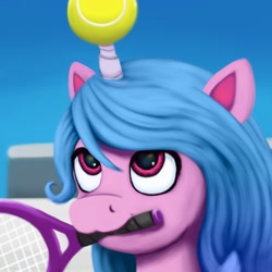 Size: 1200x1200 | Tagged: safe, artist:redquoz, izzy moonbow, pony, unicorn, g5, ball, female, horn, horn impalement, hornball, izzy's tennis ball, looking up, mare, mouth hold, solo, tennis ball, tennis racket