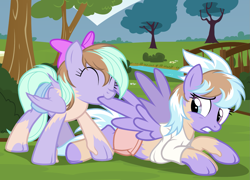 Size: 1675x1207 | Tagged: safe, artist:anonymous, cloudchaser, flitter, pegasus, pony, g4, /ptfg/, ^^, biting, bow, bridge, bush, clothes, eye color change, eyes closed, female, gritted teeth, hair bow, human to pony, light skin, mare, mid-transformation, outdoors, show accurate, smiling, spread wings, transformation, tree, wing bite, wings