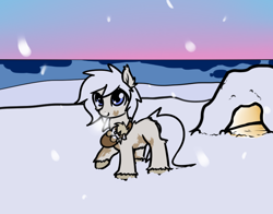 Size: 828x649 | Tagged: safe, artist:neuro, oc, oc only, earth pony, pony, yakutian horse, baby carrier, blue eyes, female, filly, foal, igloo, raised hoof, smiling, snow, snow mare