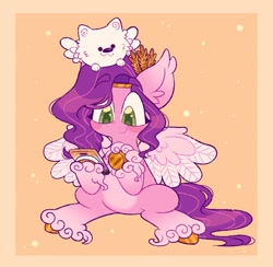 Size: 1150x1122 | Tagged: safe, artist:lemoocado, cloudpuff, pipp petals, dog, pegasus, pony, g5, adorapipp, cellphone, cute, female, male, mare, on head, phone, smartphone, unshorn fetlocks