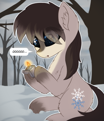 Size: 1811x2105 | Tagged: safe, artist:anonymous, oc, oc only, oc:frosty flakes, pony, yakutian horse, fire, forest, lighter, snow, snow mare, tree, zippo