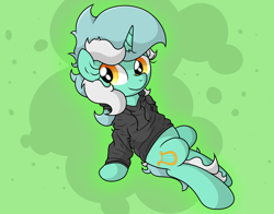 Size: 3746x2935 | Tagged: safe, artist:background basset, lyra heartstrings, pony, unicorn, g4, abstract background, clothes, dig the swell hoodie, female, happy, high res, hoodie, lying down, mare, on back, orange eyes, smiling, solo