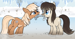 Size: 746x392 | Tagged: safe, artist:anonymous, oc, oc only, oc:frosty flakes, oc:salmon run, earth pony, fish, pony, yakutian horse, belly fluff, blue eyes, butt, chest fluff, female, fluffy, forest, hoof fluff, leg fluff, mare, mouth hold, plot, river, shrub, snow, snow mare, tree, tug of war, water