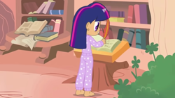 Size: 854x480 | Tagged: safe, artist:chanokun, artist:skill:draw, twilight sparkle, human, g4, look before you sleep, barefoot, clothes, feet, golden oaks library, horn, horned humanization, humanized, pajamas, sleepover, slumber party
