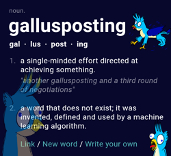 Size: 720x659 | Tagged: safe, artist:horsesplease, gallus, griffon, g4, derp, gallus the rooster, gallusposting, meme, thisworddoesnotexist.com