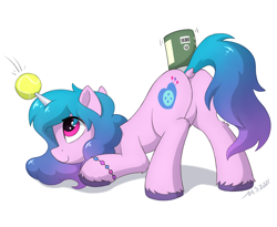 Size: 2800x2300 | Tagged: safe, artist:mercurysparkle, izzy moonbow, pony, unicorn, g5, ball, beans, butt, can, cute, dock, eye clipping through hair, face down ass up, female, food, high res, horn, horn impalement, hornball, izzy's beans, izzy's tennis ball, izzybetes, leg fluff, mare, plot, simple background, smiling, solo, tennis ball, that pony sure does love beans, that pony sure does love tennis balls, unshorn fetlocks, white background