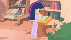 Size: 1366x767 | Tagged: safe, artist:chanokun, artist:skill:draw, twilight sparkle, human, g4, look before you sleep, barefoot, book, clothes, feet, golden oaks library, horn, horned humanization, humanized, pajamas, quill pen, sleepover