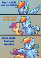 Size: 2892x4096 | Tagged: safe, artist:playful wings, rainbow dash, scootaloo, pegasus, pony, g4, :t, blatant lies, blushing, chest fluff, comic, dialogue, female, filly, floppy ears, foal, folded wings, grammar error, head pat, hypocritical humor, mare, one ear down, open mouth, pat, petting, pouting, scootalove, spread wings, talking, tsundaloo, tsunderainbow, tsundere, volumetric mouth, wings