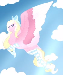 Size: 2462x2943 | Tagged: safe, artist:inisealga, oc, oc only, oc:bay breeze, pegasus, pony, bow, clothes, cloud, high res, pegasus oc, simple background, sky, socks, spread wings, striped socks, wings