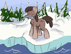 Size: 1390x1069 | Tagged: safe, artist:agent-diego, oc, oc only, fish, pony, yakutian horse, female, forest, ice, mare, pinecone, snow, snow mare, tree, water
