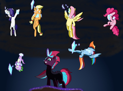 Size: 1534x1133 | Tagged: safe, artist:chedx, edit, applejack, fluttershy, pinkie pie, rainbow dash, rarity, spike, tempest shadow, dragon, earth pony, pegasus, pony, unicorn, comic:the storm kingdom, g4, my little pony: the movie, bad end, bodysuit, brainwashing, clothes, covering face, cropped, crying, crystal of light, evil grin, female, general tempest shadow, grin, gritted teeth, mare, smiling, upside down