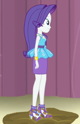 Size: 422x657 | Tagged: safe, edit, edited screencap, editor:thedarkpony, screencap, rarity, equestria girls, g4, my little pony equestria girls: better together, my little pony equestria girls: choose your own ending, stressed in show, cropped, female, mud, mud edit, muddy shoes, rarity peplum dress, smiling, solo