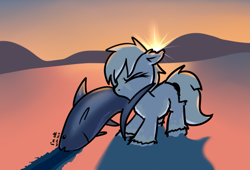 Size: 891x607 | Tagged: safe, artist:neuro, oc, oc only, fish, pony, yakutian horse, colt, foal, i'm okay with this, male, mountain, mountain range, snow, snow mare, sun, sunrise, tuna