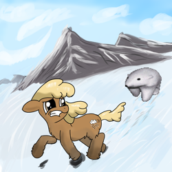 Size: 3000x3000 | Tagged: safe, artist:anonymous, oc, oc only, bear, polar bear, pony, yakutian horse, cloud, female, high res, mare, meme, mountain, snow, snow mare