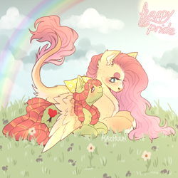 Size: 2000x2000 | Tagged: safe, artist:kazmuun, fluttershy, tree hugger, earth pony, pegasus, pony, g4, blushing, female, flower, grass, high res, larger female, leonine tail, lesbian, lying down, mare, prone, rainbow, ship:flutterhugger, shipping, size difference, smaller female, wing blanket, winghug, wings