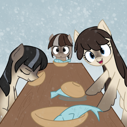 Size: 1600x1600 | Tagged: safe, artist:alexi148, oc, oc only, oc:cold shoulder, oc:frosty flakes, oc:winter wonder, fish, pony, yakutian horse, bowl, eating, food, meat, ponies eating meat, snow, snow mare, table, x eyes