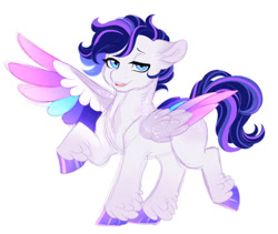 Size: 1024x866 | Tagged: safe, artist:azure-art-wave, oc, oc only, oc:indigo luster, pegasus, pony, colored wings, magical lesbian spawn, male, multicolored wings, offspring, parent:rainbow dash, parent:rarity, parents:raridash, simple background, solo, stallion, white background, wings