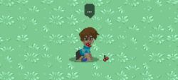Size: 1200x540 | Tagged: safe, earth pony, pony, pony town, ..., animated, cherry, clothes, eyeshadow, food, fruit, gif, grass, herbivore, looking at something, makeup, male, no tail, pixel art, screenshots, villager