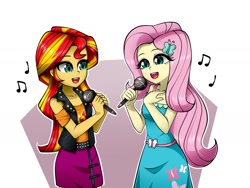 Size: 2000x1500 | Tagged: safe, artist:nekojackun, fluttershy, sunset shimmer, equestria girls, g4, duo, duo female, female, microphone, music notes, simple background, singing, white background