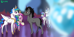 Size: 2000x1000 | Tagged: safe, artist:joan-grace, king sombra, princess cadance, princess celestia, princess flurry heart, shining armor, alicorn, pony, unicorn, g4, crown, crystal empire, crystal heart, ethereal mane, female, hoof shoes, jewelry, male, mare, missing accessory, missing cutie mark, older, older flurry heart, peytral, reformed sombra, regalia, signature, stallion, starry mane, story in the source, story included