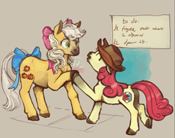 Size: 997x784 | Tagged: safe, artist:spectralunicorn, apple bloom, applejack, earth pony, pony, g4, bow, butt, female, filly, hat, mare, plot, siblings, tail bow
