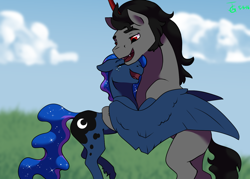 Size: 1400x1000 | Tagged: safe, artist:joan-grace, king sombra, princess luna, alicorn, pony, unicorn, g4, cloud, crying, ethereal mane, female, hug, male, mare, outdoors, ship:lumbra, shipping, signature, smiling, stallion, starry mane, story included, straight, tears of joy, winghug, wings