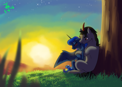 Size: 1400x1000 | Tagged: safe, artist:joan-grace, king sombra, princess luna, alicorn, pony, unicorn, g4, blushing, eyes closed, female, floppy ears, grass, hug, hug from behind, male, mare, outdoors, ship:lumbra, shipping, sitting, stallion, story in the source, story included, straight, sun, sunset, tree, twilight (astronomy)