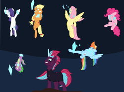 Size: 1280x945 | Tagged: safe, artist:benpictures1, artist:chedx, applejack, fluttershy, pinkie pie, rainbow dash, rarity, spike, tempest shadow, dragon, earth pony, pegasus, pony, unicorn, comic:the storm kingdom, g4, my little pony: the movie, bad end, bodysuit, brainwashing, clothes, covering face, crying, crystal of light, evil grin, female, general tempest shadow, grin, gritted teeth, hatless, inkscape, mare, missing accessory, smiling, upside down, vector