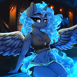 Size: 2000x2000 | Tagged: safe, artist:kennzeichen, princess luna, alicorn, anthro, beautiful, beautisexy, beauty mark, belly button, best princess, big breasts, booty shorts, both cutie marks, breasts, busty princess luna, cleavage, clothes, curvy, ethereal mane, eyelashes, eyeshadow, female, glowing mane, high res, hourglass figure, lidded eyes, looking at you, makeup, midriff, night, poolside, raised eyebrows, shirt, short shirt, shorts, sideboob, sitting, solo, spread wings, stupid sexy princess luna, summer, tanktop, thighs, wide hips, wings