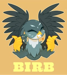 Size: 1836x2048 | Tagged: safe, artist:noupu, gabby, griffon, birb, cute, eyes closed, featured image, female, gabbybetes, grin, simple background, smiling, solo, spread wings, thumbs up, wings, yellow background