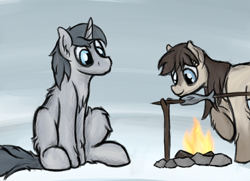 Size: 1482x1075 | Tagged: safe, artist:ahorseofcourse, oc, oc only, oc:frosty flakes, oc:silver sword, fish, pony, unicorn, yakutian horse, campfire, cooking, duo, female, fire, fluffy, food, male, mare, meat, ponies eating meat, roasting, sitting, snow, snow mare, stallion