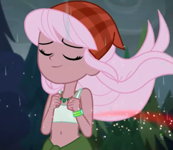 Size: 829x720 | Tagged: safe, edit, edited screencap, screencap, raspberry lilac, equestria girls, equestria girls series, g4, let it rain, spoiler:eqg series (season 2), background human, bandana, belly button, clothes, cropped, eyes closed, female, forest background, jewelry, midriff, necklace, sleeveless, solo, sports bra, tank top