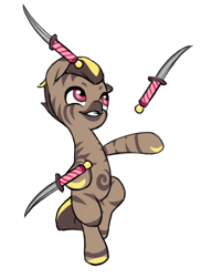 Size: 796x1092 | Tagged: safe, alternate version, artist:multiverseequine, derpibooru exclusive, oc, oc only, oc:ysillee, hybrid, pony, zony, bipedal, colored, colored muzzle, colt, dagger, foal, full body, juggling, knife, male, performance, simple background, smiling, solo, standing, standing on one leg, stripes, transparent background, two toned mane, weapon, zony oc