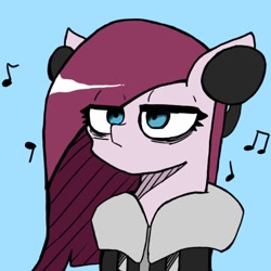 Size: 768x768 | Tagged: safe, artist:metaruscarlet, pinkie pie, earth pony, pony, g4, blue background, clothes, emo, female, headphones, hoodie, mare, music notes, pinkamena diane pie, simple background, solo