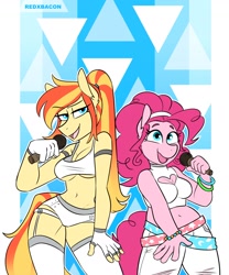 Size: 1414x1702 | Tagged: safe, artist:redxbacon, pinkie pie, oc, oc:sunny lane, earth pony, anthro, g4, belly, boob window, bracelet, clothes, duo, duo female, female, fingerless gloves, garter belt, garters, gloves, gradient hair, gradient mane, gradient tail, headband, heart shaped boob window, high ponytail, idol, jewelry, lidded eyes, looking at you, microphone, not sunset shimmer, ponytail, singing, sleeveless turtleneck, stockings, tail, thigh highs