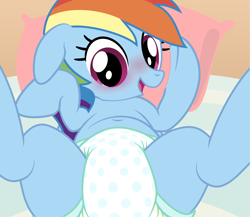 Size: 3371x2928 | Tagged: safe, artist:asdfasfasda, rainbow dash, pegasus, pony, g4, adult foal, bed, belly button, blushing, cute, dashabetes, diaper, diaper fetish, female, fetish, floppy ears, happy, high res, looking at you, lying down, mare, non-baby in diaper, on back, open mouth, open smile, pattern, show accurate, smiling, solo, spread legs, spreading