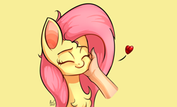Size: 1584x966 | Tagged: safe, artist:alexsc112, fluttershy, pegasus, pony, g4, chest fluff, cute, disembodied hand, eyes closed, floating heart, hand, hand on cheek, heart, petting, shyabetes, smiling, solo